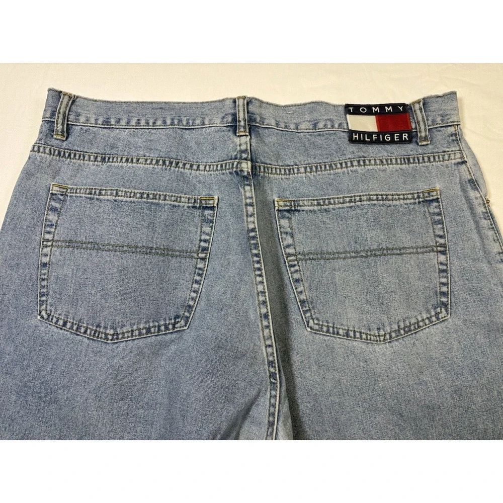 Vtg Tommy Hilfiger Baggy Blue Denim Jeans 40x32 Spell Out Logo Zipper Fly 90s